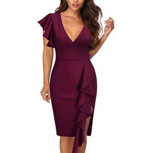 Knitee Womens Deep-V Neck Ruffle Sleeves Cocktail Party Pencil Slit Formal Dress